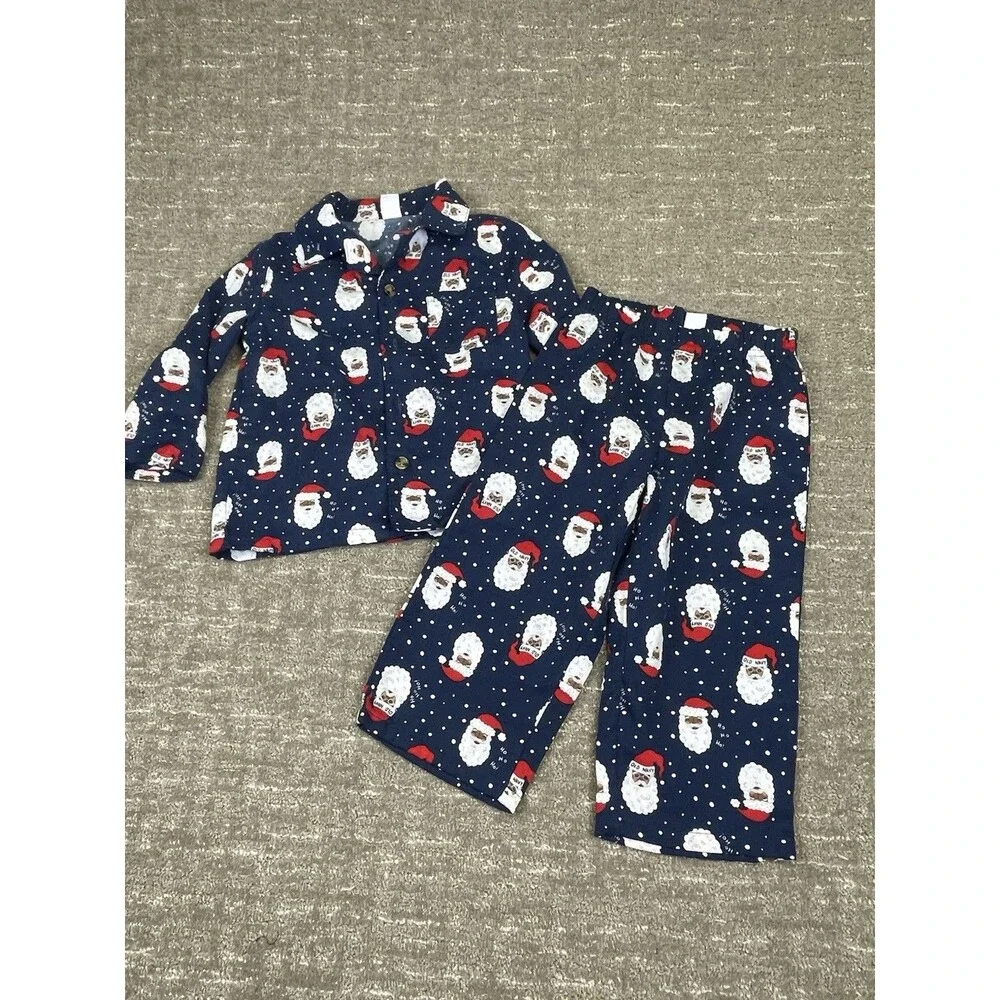 Old Navy 2T Navy Blue Santa Claus 2 Piece Flannel Pajamas Pj Button Christmas